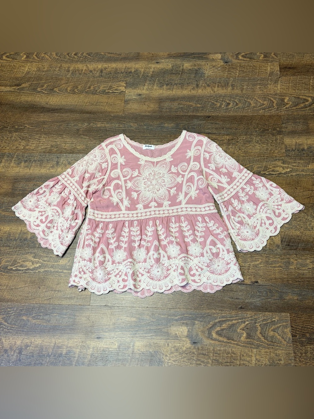 Anthropologie Kindred Peasant Blouse Boho Womens Large Pink Embroidered